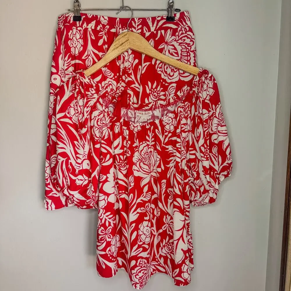 Knox Rose Red White Floral 2pc Set Off Shoulder Top & Midi Skirt Size M